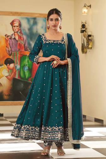 Teal colour vichitra silk embroidery work fully stitched gown
