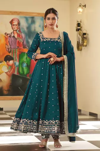 Teal colour vichitra silk embroidery work fully stitched gown