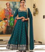 Teal colour vichitra silk embroidery work fully stitched gown