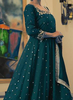 Teal colour vichitra silk embroidery work fully  gown 3