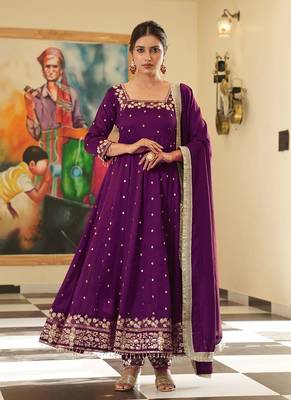 Wine colour vichitra silk embroidery work fully  gown 1
