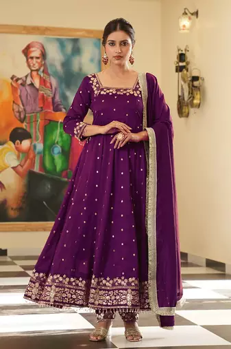 Wine colour vichitra silk embroidery work fully stitched gown