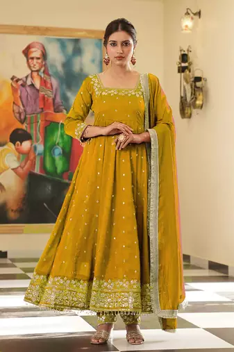 Yellow colour vichitra silk embroidery work fully stitched gown