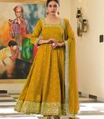 Yellow colour vichitra silk embroidery work fully stitched gown