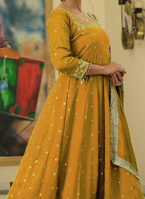 Yellow colour vichitra silk embroidery work fully  gown 3