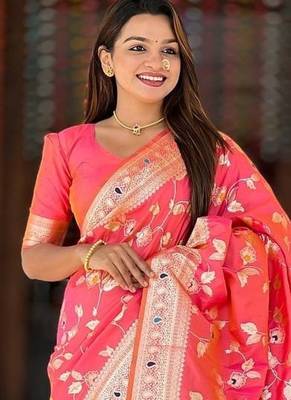 Pink Color Banarasi Silk Meenakari Design Saree 1