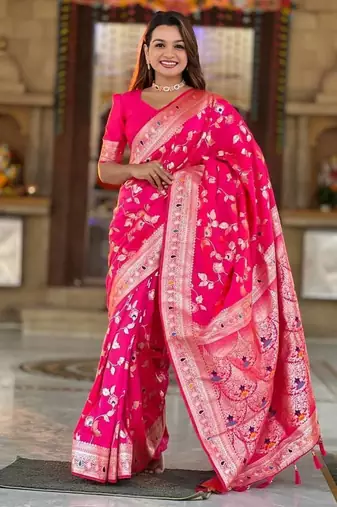 Rani Pink Color Banarasi Silk Meenakari Design Saree