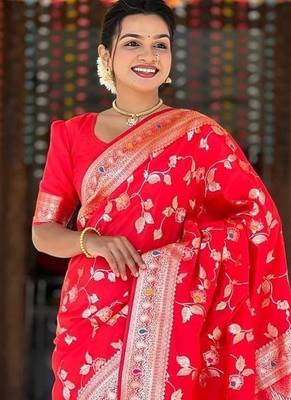 Red Color Banarasi Silk Meenakari Design Saree 1