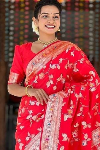 Red Color Banarasi Silk Meenakari Design Saree