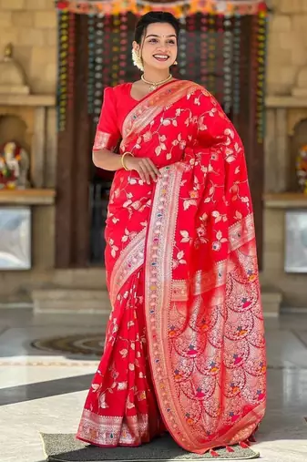 Red Color Banarasi Silk Meenakari Design Saree