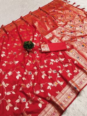 Red Color Banarasi Silk Meenakari Design Saree 3