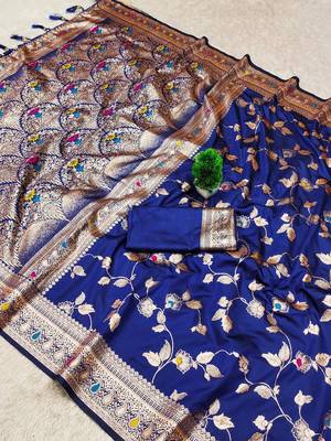 Royal Blue Color Banarasi Silk Meenakari Design Saree 3