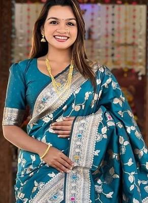 Teal Color Banarasi Silk Meenakari Design Saree 1