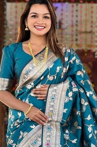 Teal Color Banarasi Silk Meenakari Design Saree