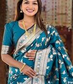 Teal Color Banarasi Silk Meenakari Design Saree