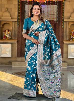 Teal Color Banarasi Silk Meenakari Design Saree 2
