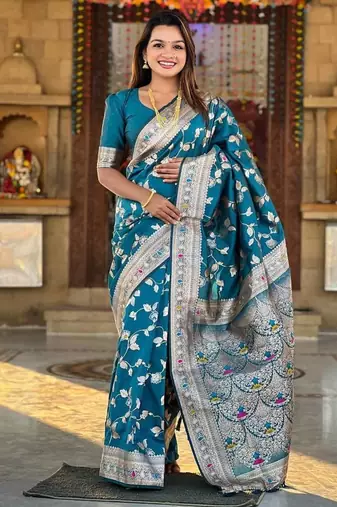 Teal Color Banarasi Silk Meenakari Design Saree