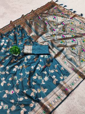 Teal Color Banarasi Silk Meenakari Design Saree 3