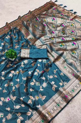 Teal Color Banarasi Silk Meenakari Design Saree