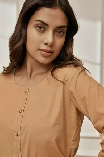 Wobeige cambric cotton yoga kurta with front open design & three quarter sleeves