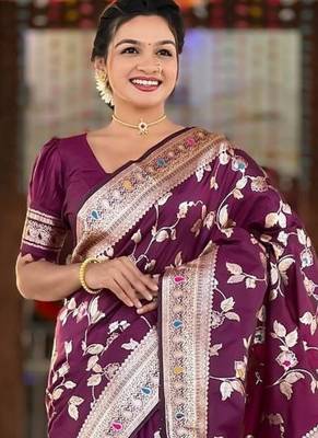 Wine Color Banarasi Silk Meenakari Design Saree 1