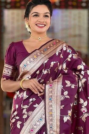 Wine Color Banarasi Silk Meenakari Design Saree