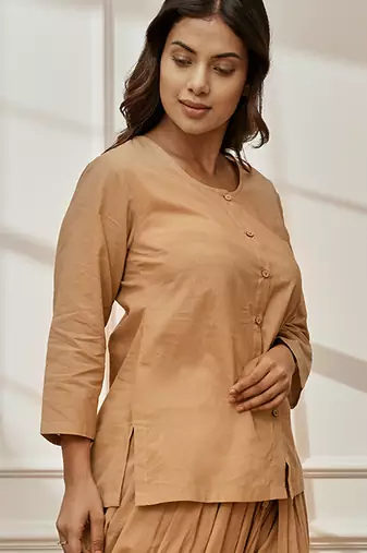 Wobeige cambric cotton yoga kurta with front open design & three quarter sleeves