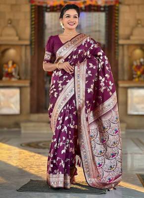 Wine Color Banarasi Silk Meenakari Design Saree 2