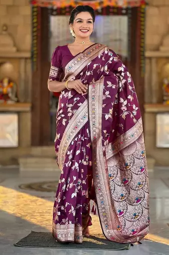 Wine Color Banarasi Silk Meenakari Design Saree