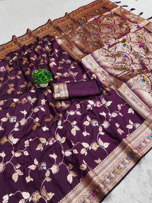 Wine Color Banarasi Silk Meenakari Design Saree 3