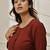 Women's maroon cambric cotton yoga kurta with front open design & three quarter sleeves