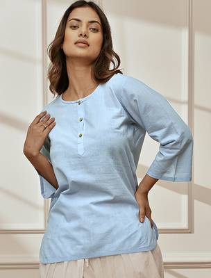 Woaqua cambric cotton yoga kurta with round neck & three quarter sleeves 1