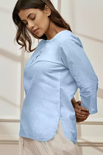 Woaqua cambric cotton yoga kurta with round neck & three quarter sleeves