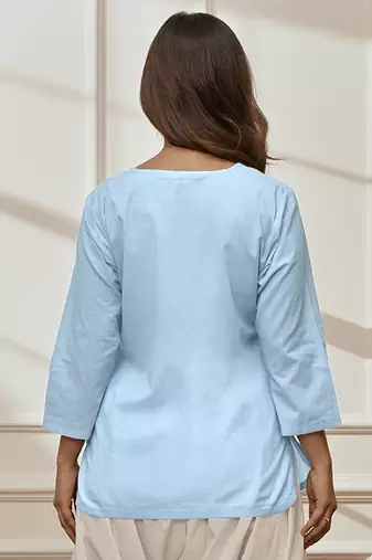 Woaqua cambric cotton yoga kurta with round neck & three quarter sleeves