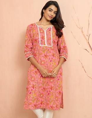 Wopink floral print cotton kurta - designer rakhi outfit round neck ethnic dress 1