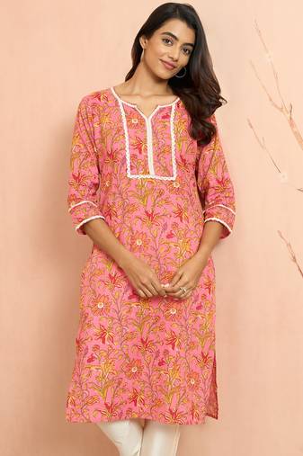 Women's pink floral print cotton kurta - designer rakhi outfit round neck ethnic dress