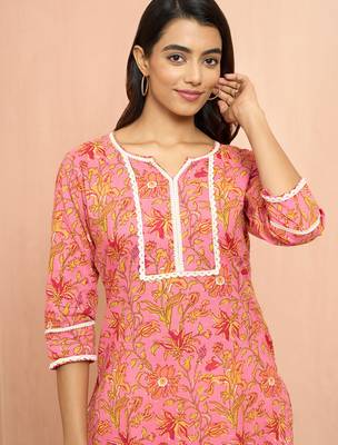 Wopink floral print cotton kurta - designer rakhi outfit round neck ethnic dress 2