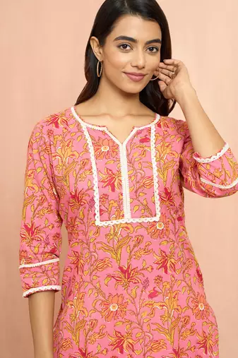 Wopink floral print cotton kurta - designer rakhi outfit round neck ethnic dress