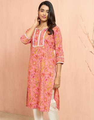 Wopink floral print cotton kurta - designer rakhi outfit round neck ethnic dress 3