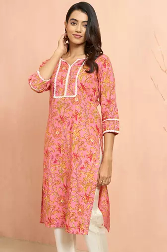 Wopink floral print cotton kurta - designer rakhi outfit round neck ethnic dress