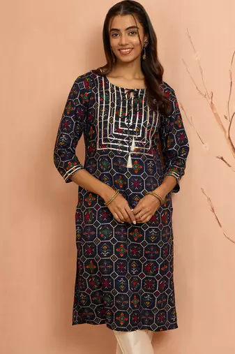Women's navy blue patola print foil kurta - traditional raksha bandhan digital print ethnic dress