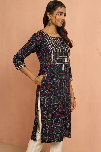 Wonavy blue patola print foil kurta - traditional raksha bandhan digital print ethnic dress