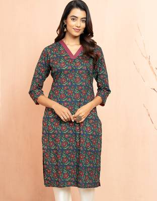 Wonavy blue kalamkari print cotton kurta - raksha bandhan special ethnic wear three quarter sleeve 1