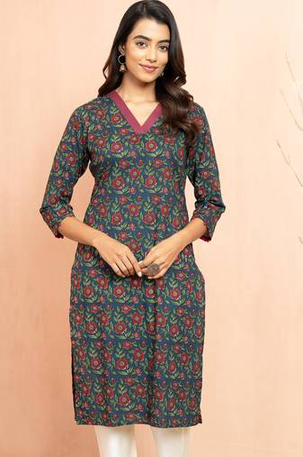 Women's navy blue kalamkari print cotton kurta - raksha bandhan special ethnic wear three quarter sleeve