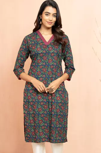Women's navy blue kalamkari print cotton kurta - raksha bandhan special ethnic wear three quarter sleeve