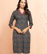 Wonavy blue kalamkari print cotton kurta - raksha bandhan special ethnic wear three quarter sleeve