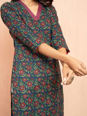 Wonavy blue kalamkari print cotton kurta - raksha bandhan special ethnic wear three quarter sleeve 2