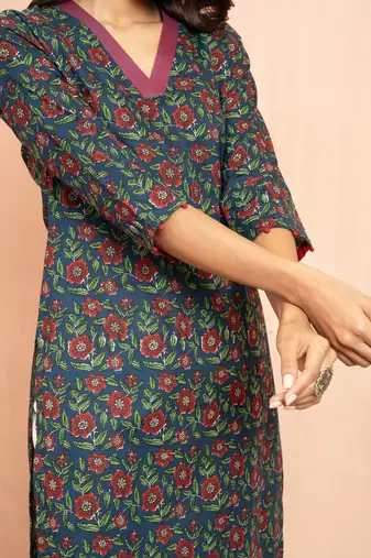 Wonavy blue kalamkari print cotton kurta - raksha bandhan special ethnic wear three quarter sleeve