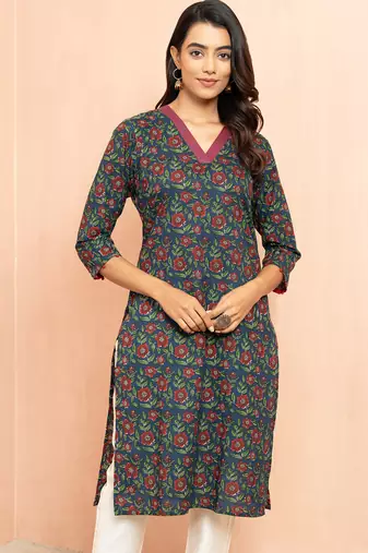 Wonavy blue kalamkari print cotton kurta - raksha bandhan special ethnic wear three quarter sleeve