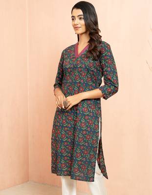 Wonavy blue kalamkari print cotton kurta - raksha bandhan special ethnic wear three quarter sleeve 4